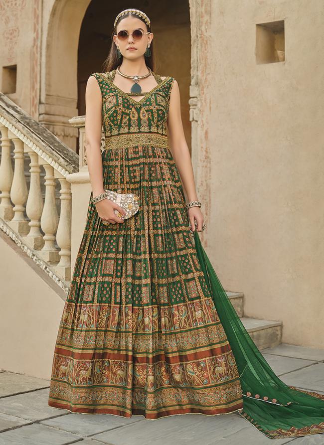 Silk Green Bridal Wear Foil Print Readymade Anarkali Suit